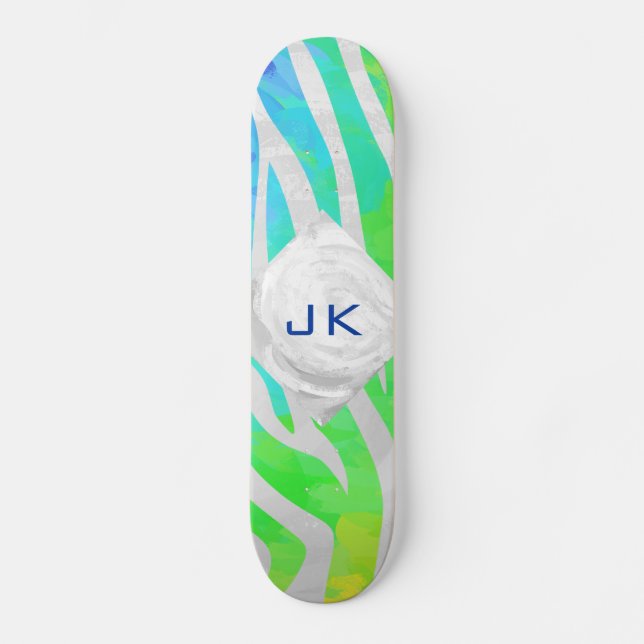 Zebra Monogram Rainbow and White Print Skateboard Deck (Front)