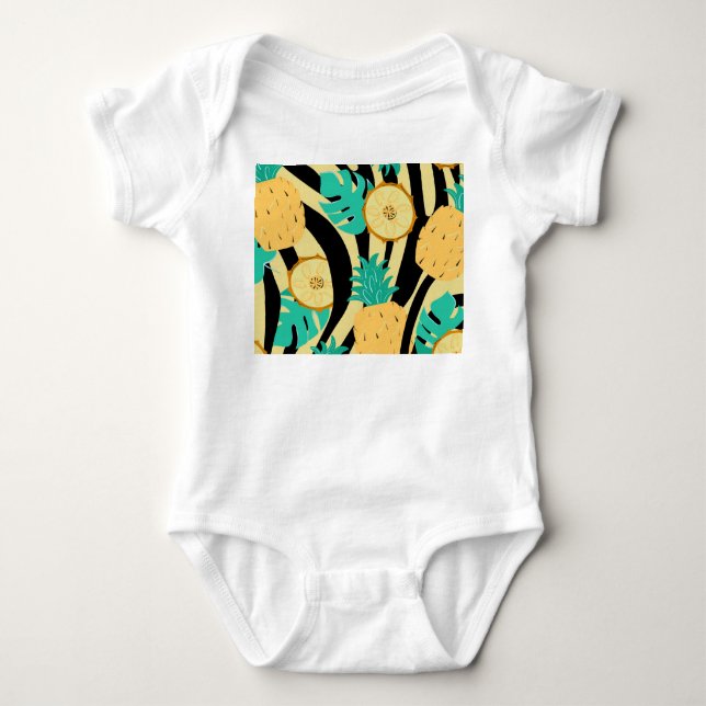 Zebra, monstera, pineapple: summer pattern. baby bodysuit (Front)