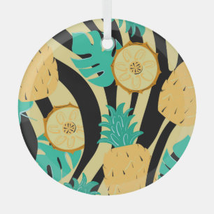 Zebra, monstera, pineapple: summer pattern. glass ornament