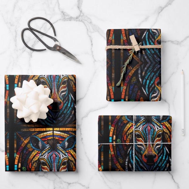 Zebra Mosaic Stained Glass Wrapping Paper Sheets (Front)