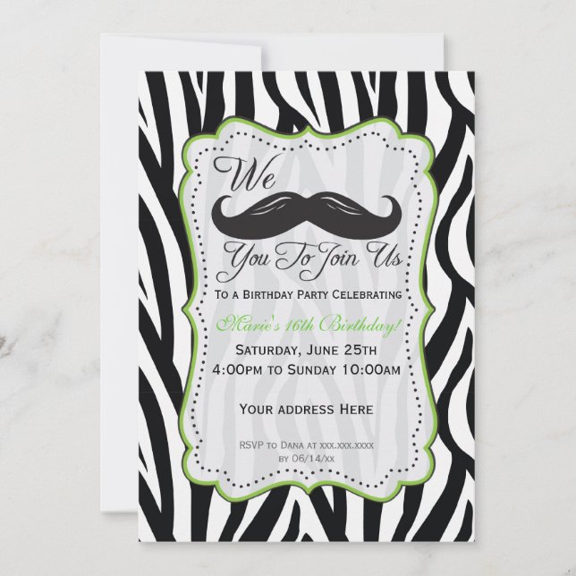 Zebra Mustache Birthday - Black & Lime Green Invitation (Front)
