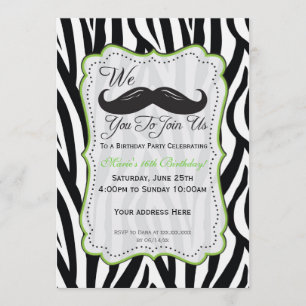 Zebra Mustache Birthday - Black & Lime Green Invitation