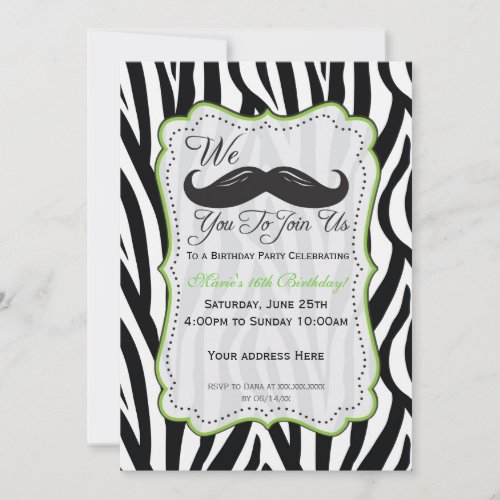 Zebra Mustache Birthday - Black &amp; Lime Green Custom Invite