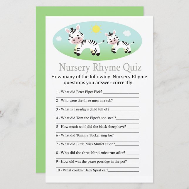 Zebra Nursery Rhyme Quiz baby shower game (Front/Back)