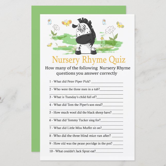 Zebra Nursery Rhyme Quiz baby shower game (Front/Back)