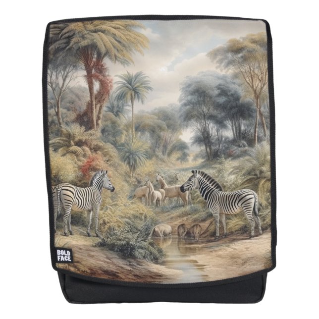 Zebra Oasis & Lioness Gathering Vintage Backpack (Front)