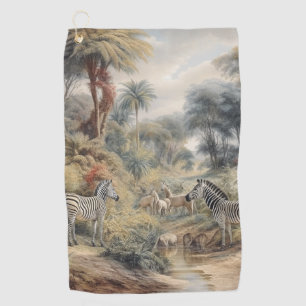 Zebra Oasis & Lioness Gathering Vintage Botanical  Golf Towel
