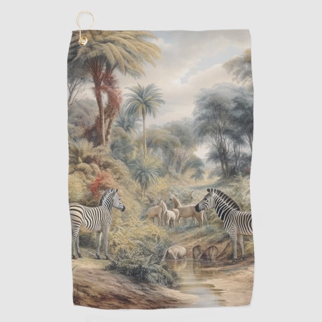 Zebra Oasis & Lioness Gathering Vintage Botanical  Golf Towel (Front)