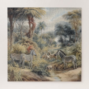 Zebra Oasis & Lioness Gathering Vintage Jigsaw Puzzle