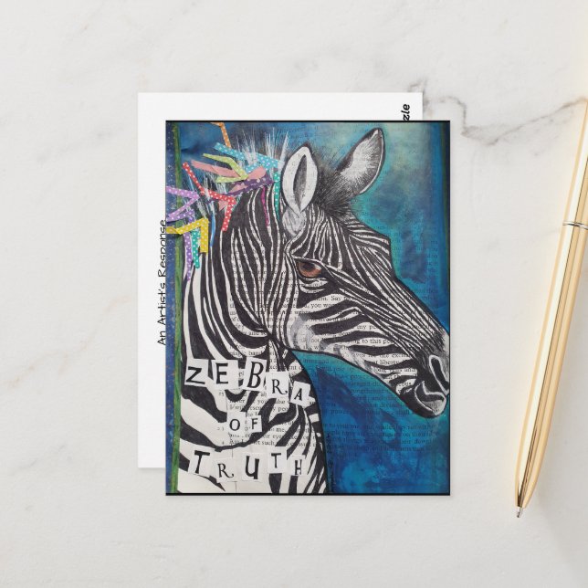 'Zebra of Truth' funky mixed media postcard (Front/Back In Situ)