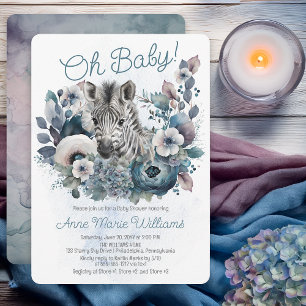 Zebra Oh Baby Blue Floral Baby Shower Invitation