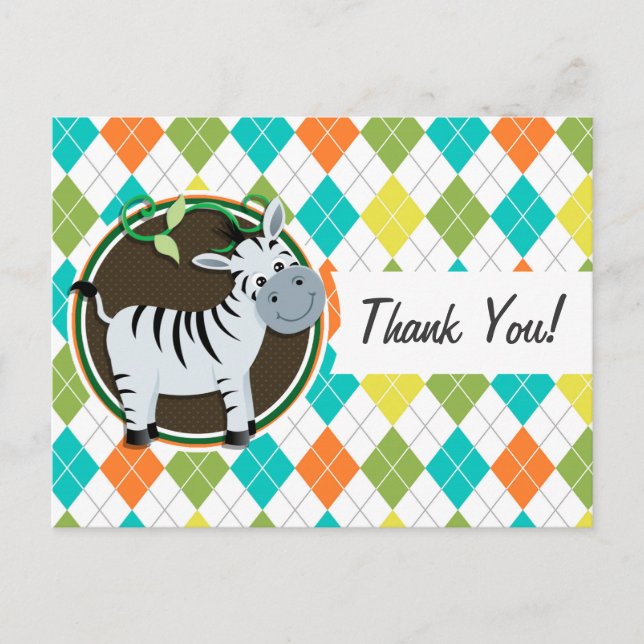 Zebra on Colorful Argyle Pattern Postcard (Front)