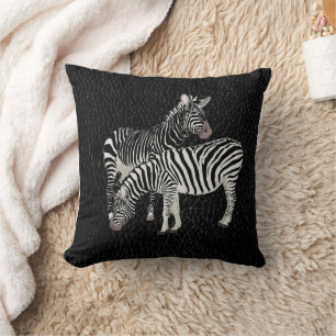 Zebra on Faux Black Leather Throw Pillow