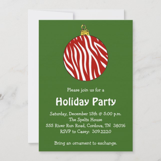 Zebra Ornament Holiday Party Invitation (Front)