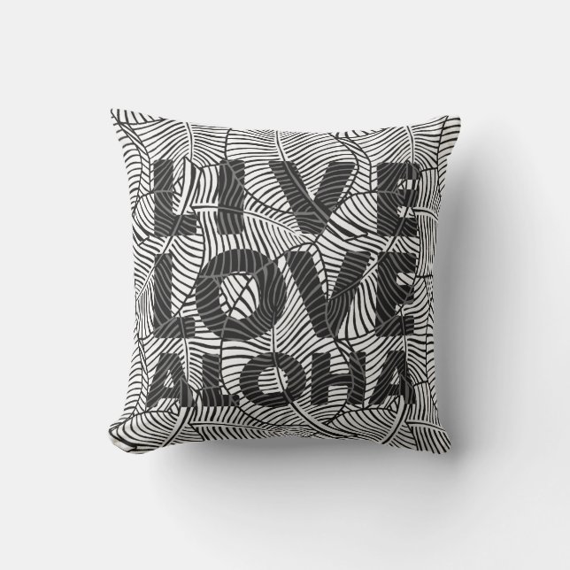 Zebra Palm Aloha Hawaiian Tropical Black and White Outdoor Pillow (Front)