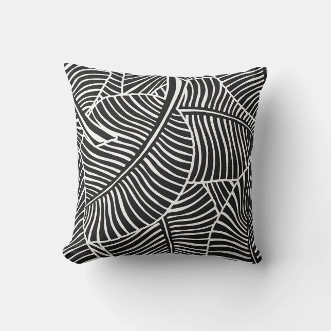 Zebra Palm Hawaiian Tropical Black and White Outdoor Pillow (Front)