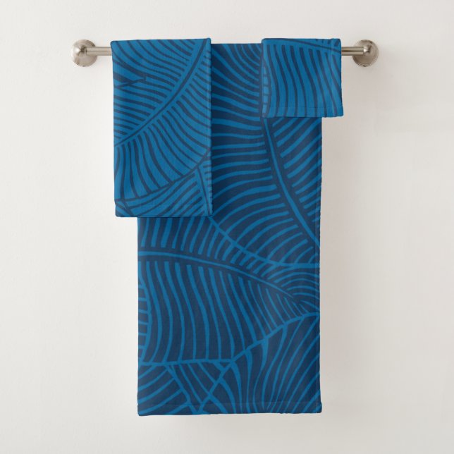 Zebra Palm Hawaiian Tropical Denim Blue Bath Towel Set (Insitu)