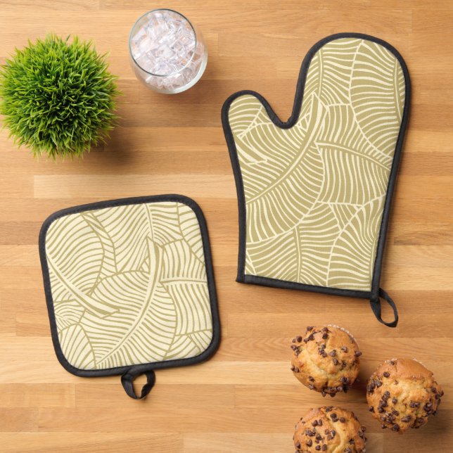 Zebra Palm Hawaiian Tropical Khaki Oven Mitt & Pot Holder Set (Top Down)