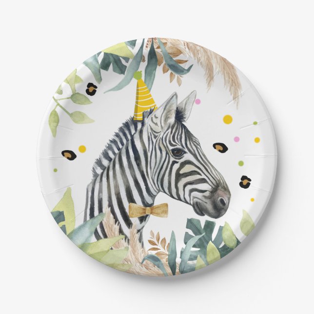Zebra Party Animals Birthday Zoo Safari Paper Plates (Front)
