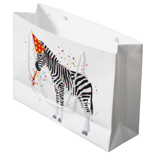 Zebra Partying - Animals at Birthday Party Large Gift Bag (Front Angled)