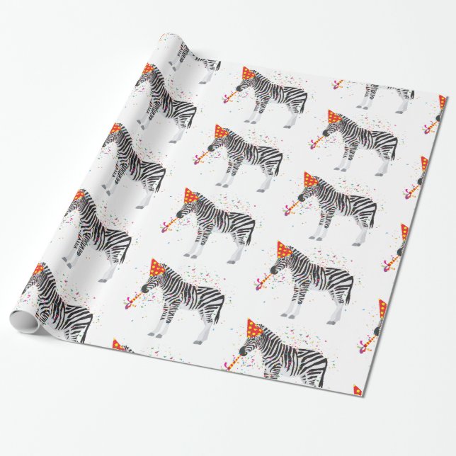 Zebra Partying - Animals Having a Party Wrapping Paper (Unrolled)