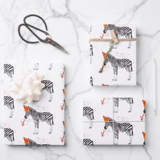 Zebra Partying - Animals Having a Party Wrapping Paper Sheets (Front)