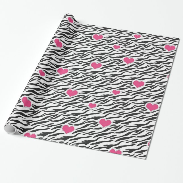 Zebra Pattern and Pink Hearts Wrapping Paper (Unrolled)