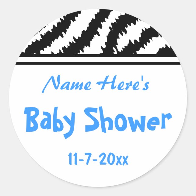 Zebra Pattern Baby Shower. Blue, Black and White. Classic Round Sticker (Front)