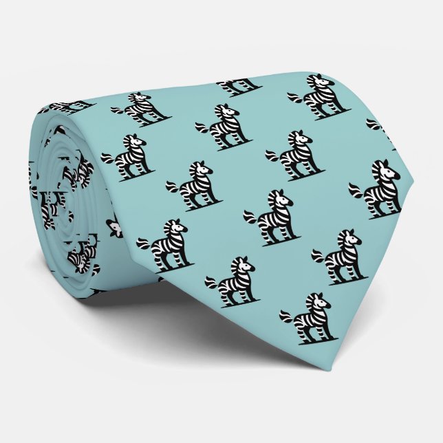 Zebra Pattern - Black on Light Blue Green Neck Tie (Rolled)