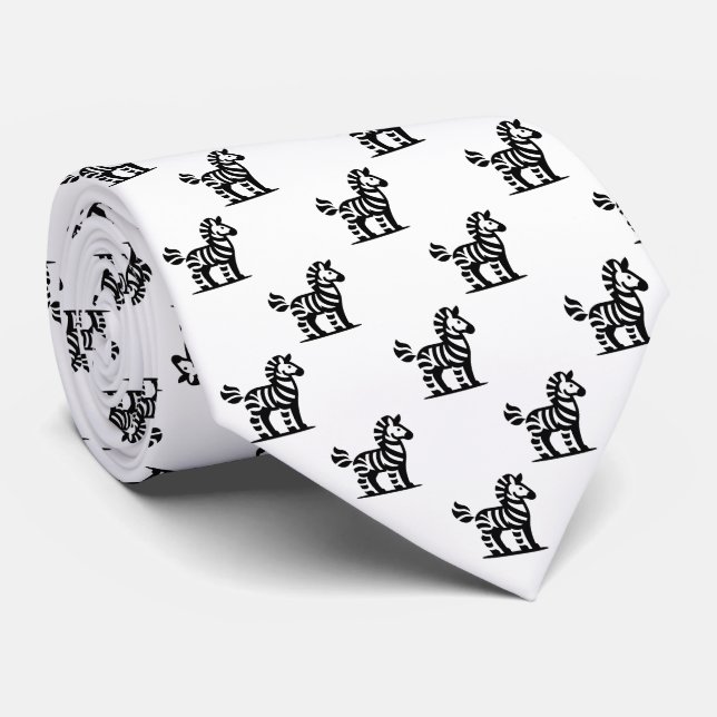 Zebra Pattern - Black on White Neck Tie (Rolled)