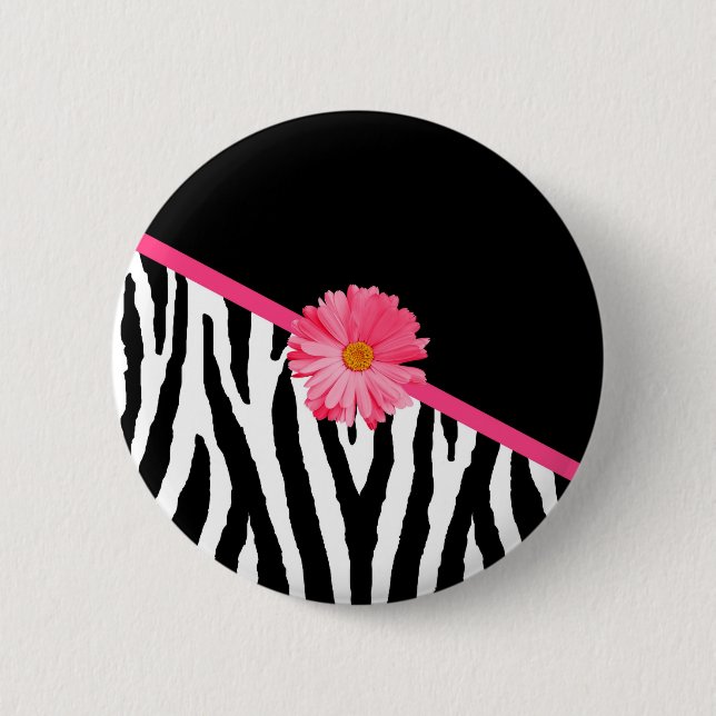 Zebra Pattern Girly Pink Daisy Button (Front)