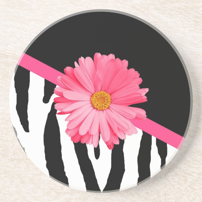 Zebra Pattern Girly Pink Daisy Coaster (Front)