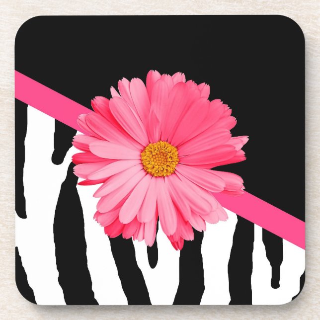 Zebra Pattern Girly Pink Daisy Drink Coaster (Front)