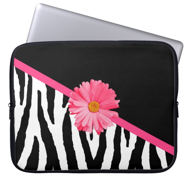Zebra Pattern Girly Pink Daisy Laptop Sleeve (Front)