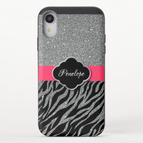 Zebra Pattern Girly Pink Glitter Sparkle Silver iPhone XR Slider Case