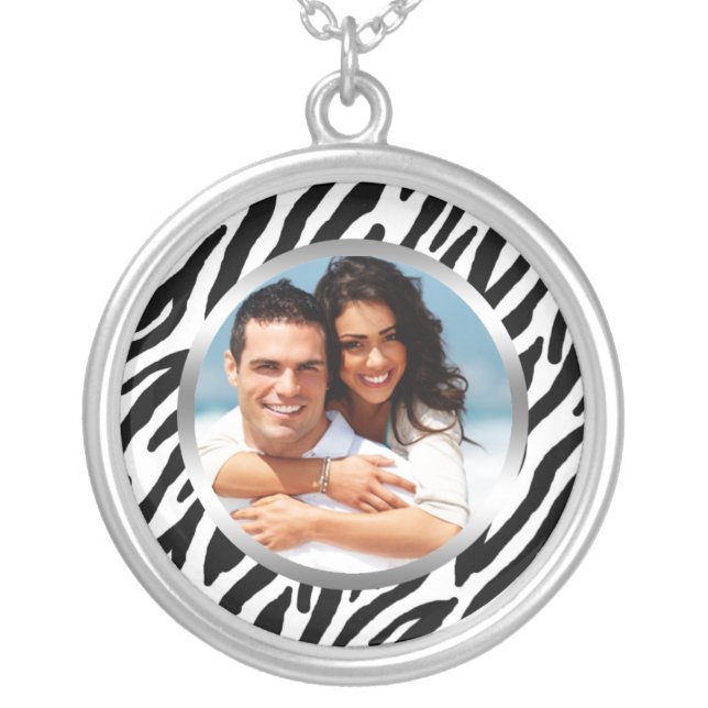 Zebra Pattern Photo Frame Silver Plated Necklace (Front)