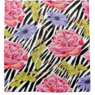 Zebra Pattern Pink Flowers and Stripes Shower Curtain