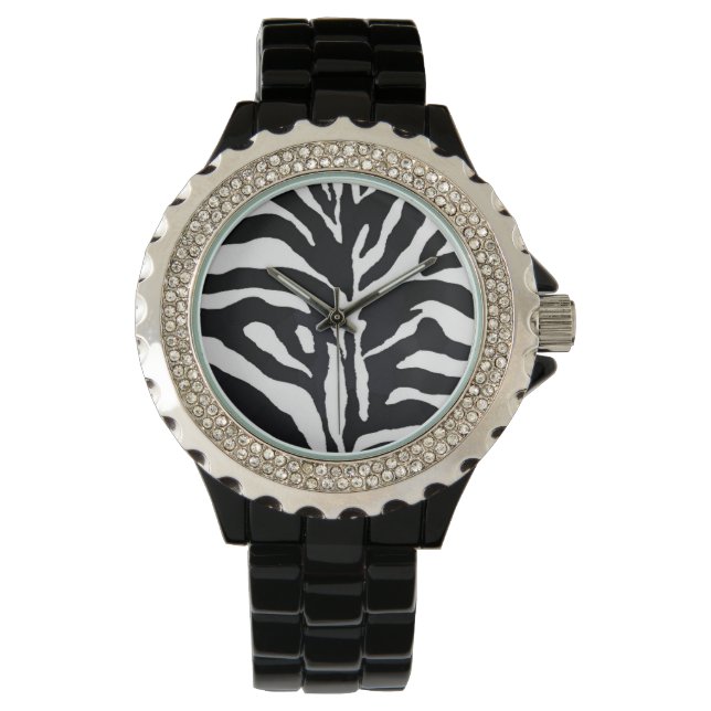 Zebra Pattern Rhinestone Black Enamel Fashion Watch (Front)