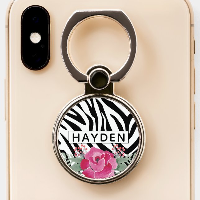 Zebra Pattern Stripes With Floral to Personalize Phone Ring Stand (Close Up)