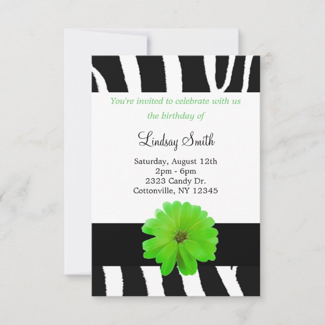 Zebra Pattern with Flower Birthday Invitation (Front)