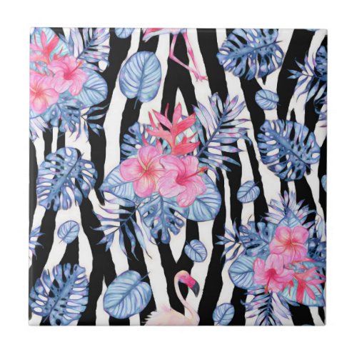 Zebra Pattern With Tropical Hibiscus and Flamingos Ceramic Tile