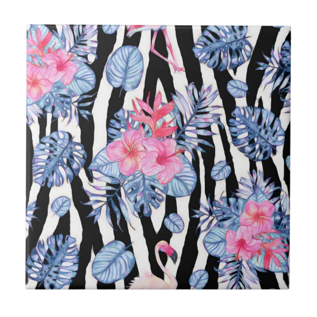 Zebra Pattern With Tropical Hibiscus and Flamingos Ceramic Tile (Front)