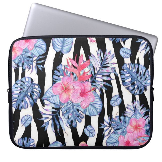 Zebra Pattern With Tropical Hibiscus and Flamingos Laptop Sleeve (Front)