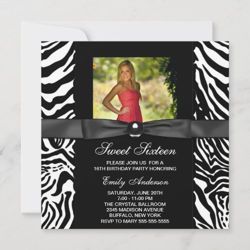 Zebra Photo Sweet 16 Party Invitation