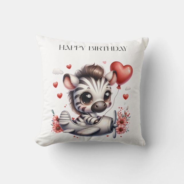 Zebra Pilot Birthday Throw Pillow (Front)