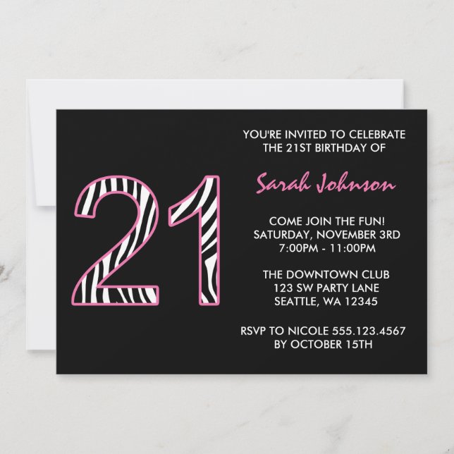 Zebra Pink and Black 21st Birthday Invitation (Front)
