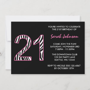 Zebra Pink and Black 21st Birthday Invitation
