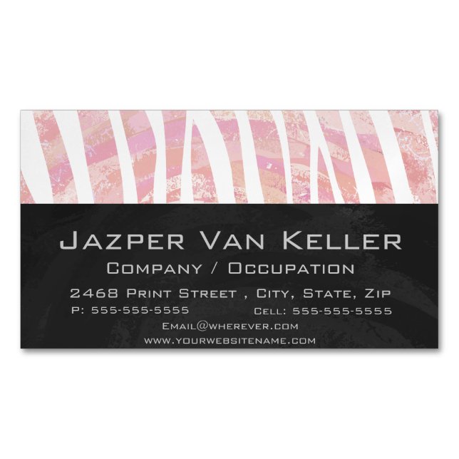 Zebra Pink and White Print Business Card Magnet (Front)