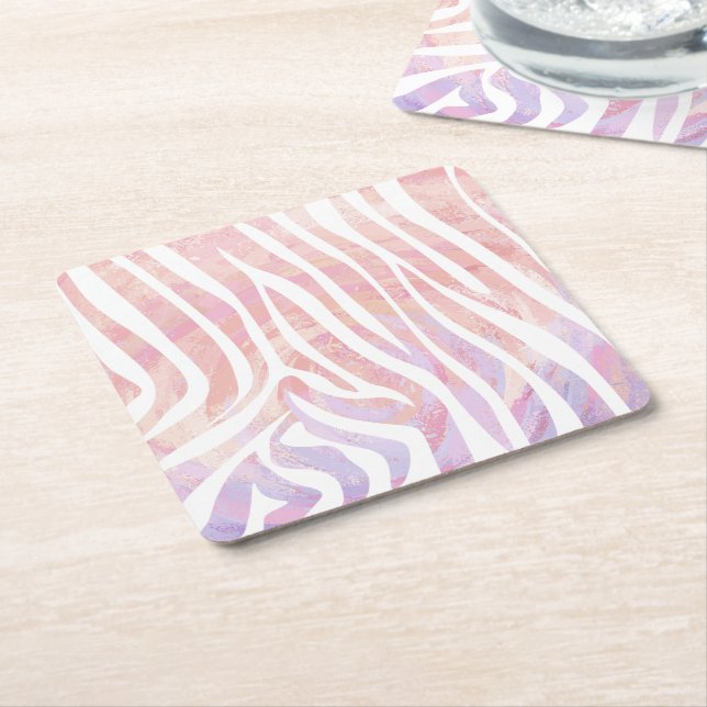 Zebra Pink and White Print Square Paper Coaster (Angled)