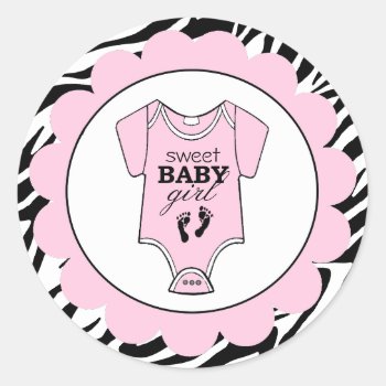 Zebra Pink Baby Outfit Baby Shower Classic Round Sticker by hungaricanprincess at Zazzle